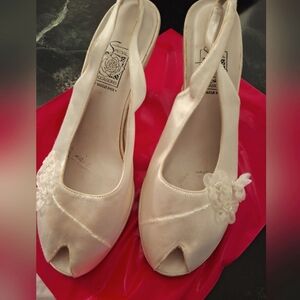 Special Occasions by Saugus Shoe Ivory Satin Peep-Toe Slingback Heels